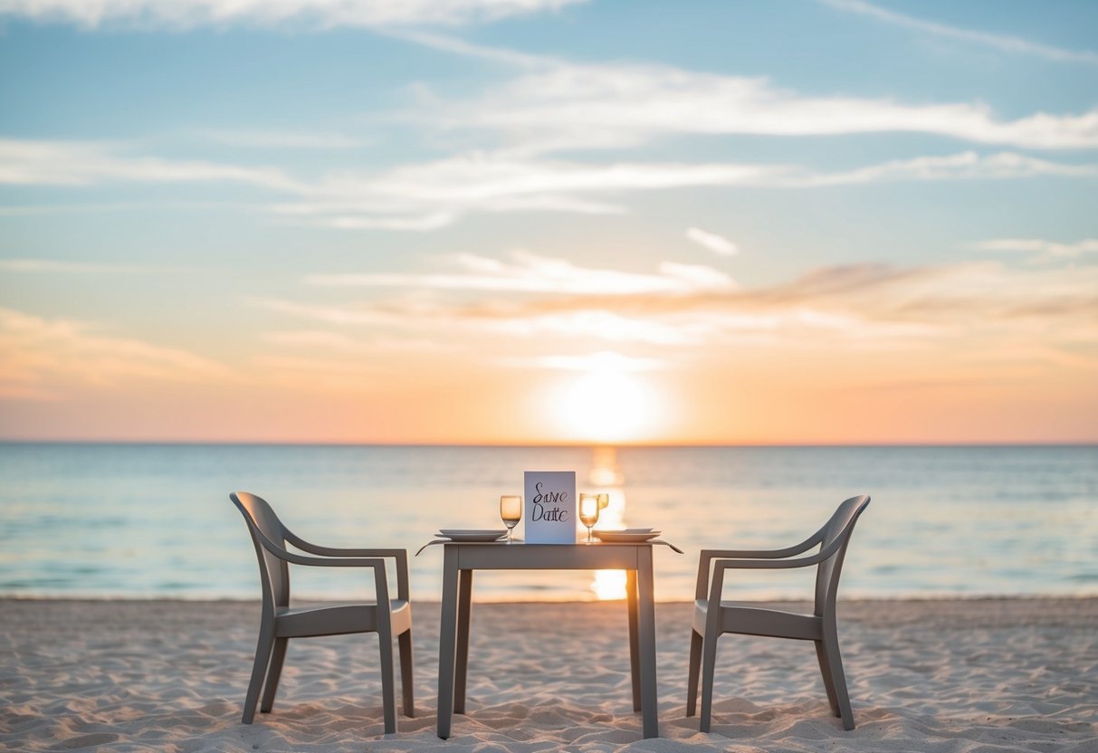 A serene beach with a sunset backdrop, a table set for two, and a save the date card placed in the center
