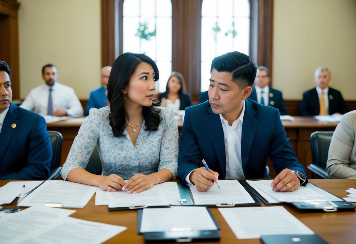 A couple waits anxiously in a government office, surrounded by paperwork and officials, seeking expedited marriage licensing