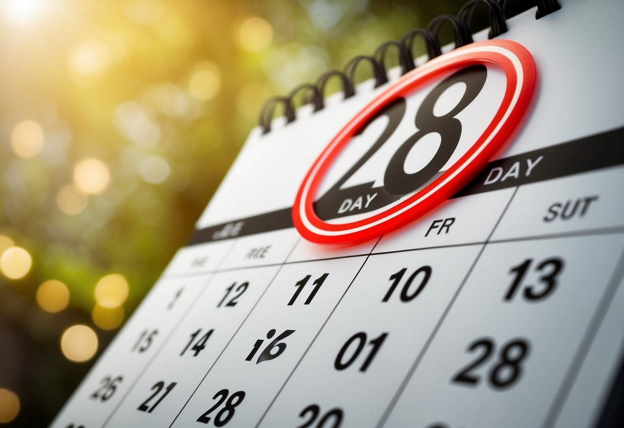 A calendar with a red circle around a date less than 28 days away