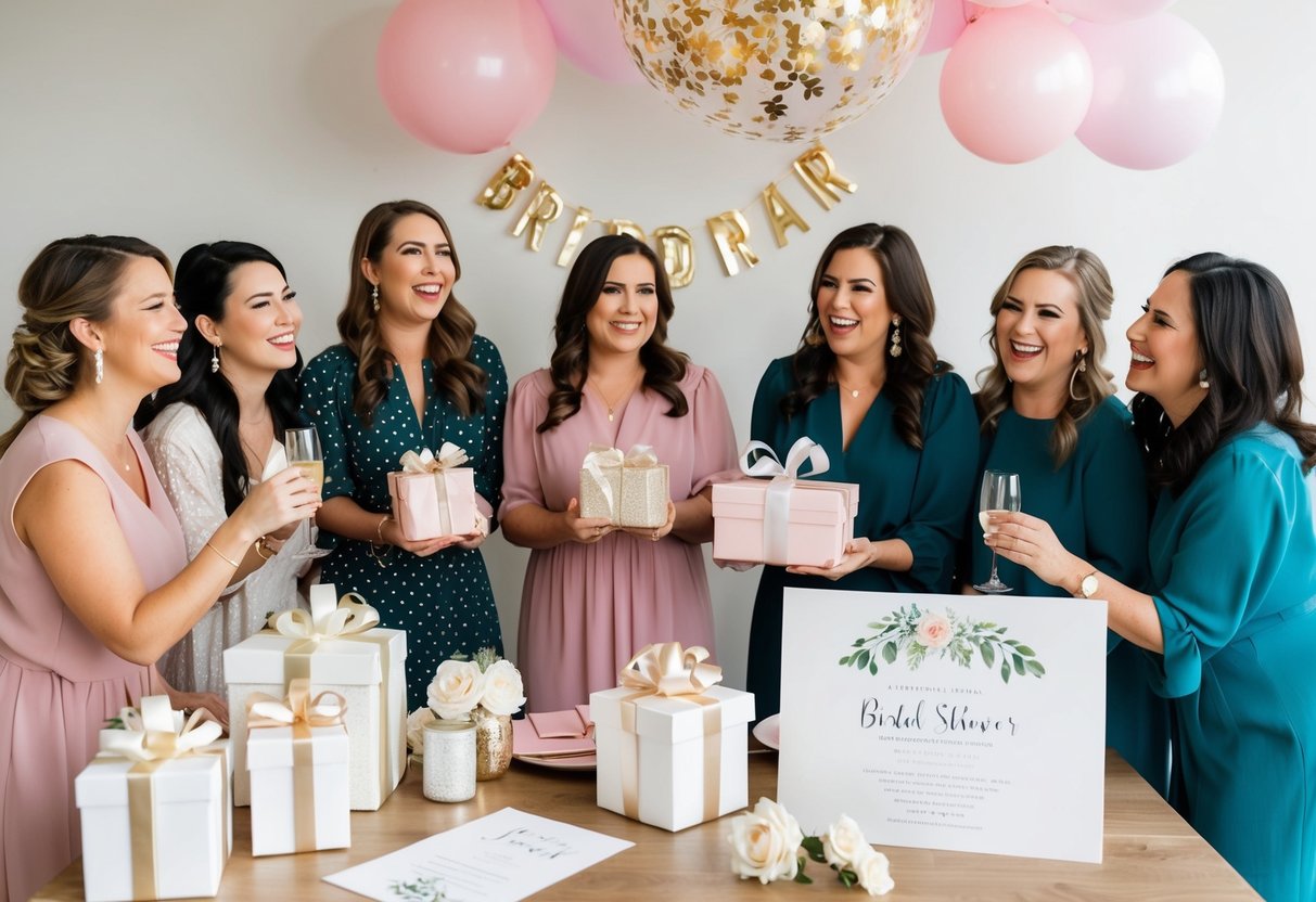 A group of women celebrating at a bridal shower, with gifts and decorations, while a wedding invitation lays nearby