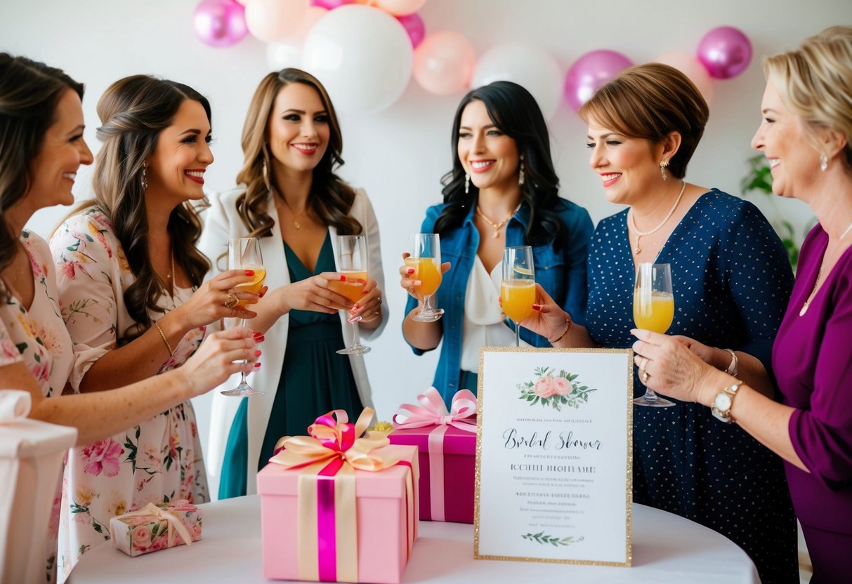 A group of women at a festive bridal shower, sipping drinks and exchanging gifts, with a wedding invitation prominently displayed on a nearby table