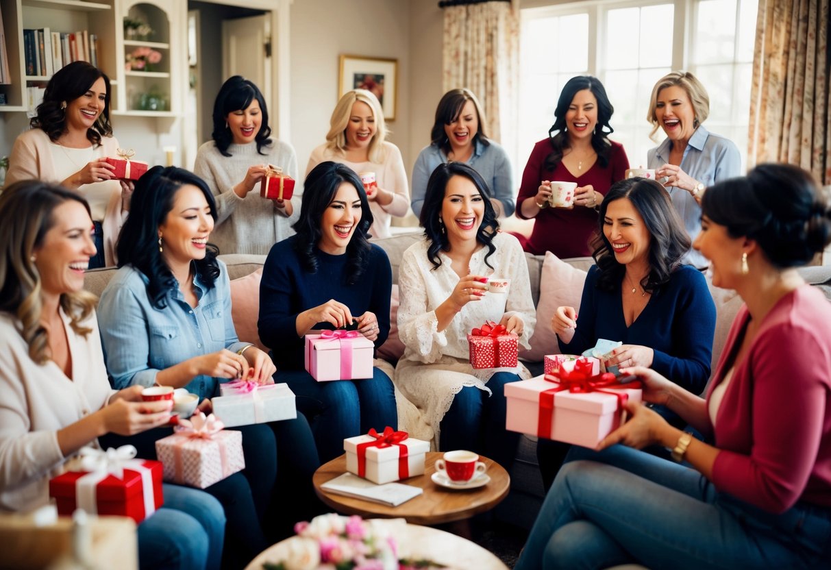 A group of women gathered in a cozy living room, sipping tea and opening gifts at a bridal shower. The room is filled with laughter and joy as the bride-to-be is surrounded by her closest friends and family