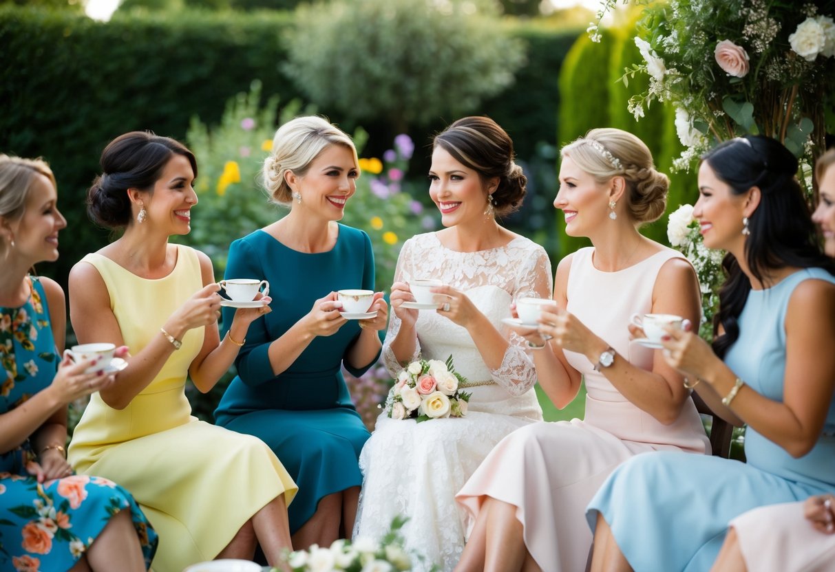 A group of women in elegant dresses gather for a bridal shower, sipping tea and chatting in a tastefully decorated garden