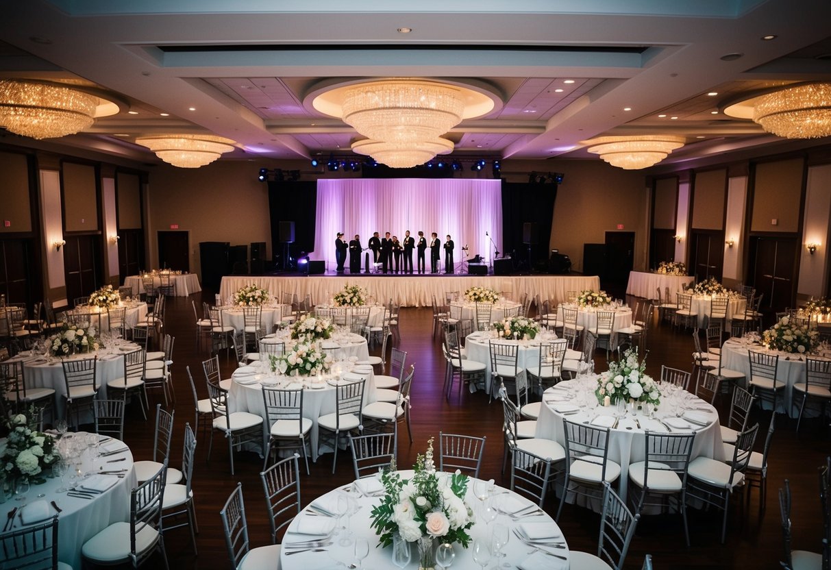 A bustling wedding reception with a large banquet hall filled with tables, a dance floor, and a stage for a band or DJ