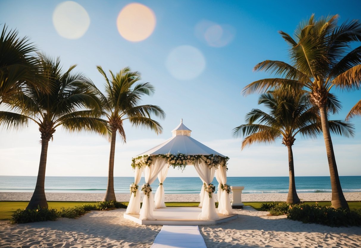 A beautiful beach with a gazebo decorated for a wedding, surrounded by palm trees and the ocean in the background