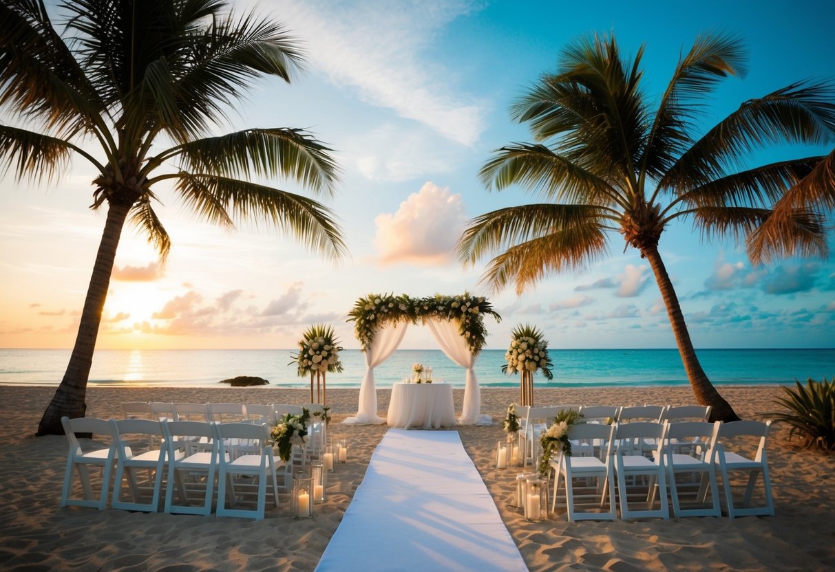 A tropical beach with a wedding setup, palm trees, and a sunset in the background