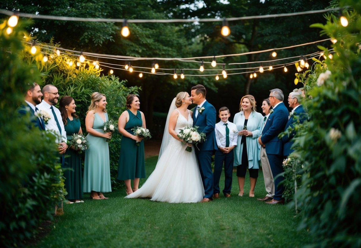 A cozy outdoor wedding with a small gathering of close family and friends, surrounded by lush greenery and twinkling string lights