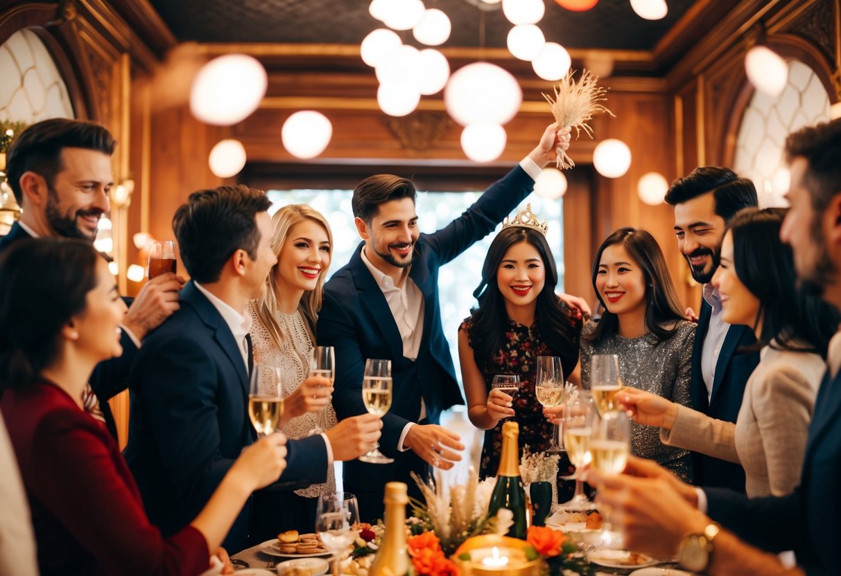 A group of figures gathered in a decorative setting, celebrating and socializing
