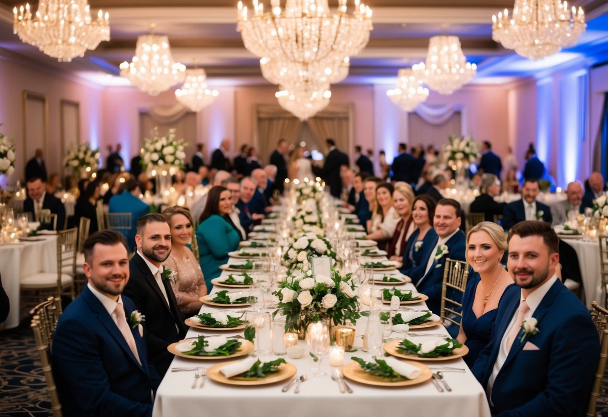 A festive wedding banquet with tables set for a large number of guests, surrounded by elegant decorations and floral arrangements