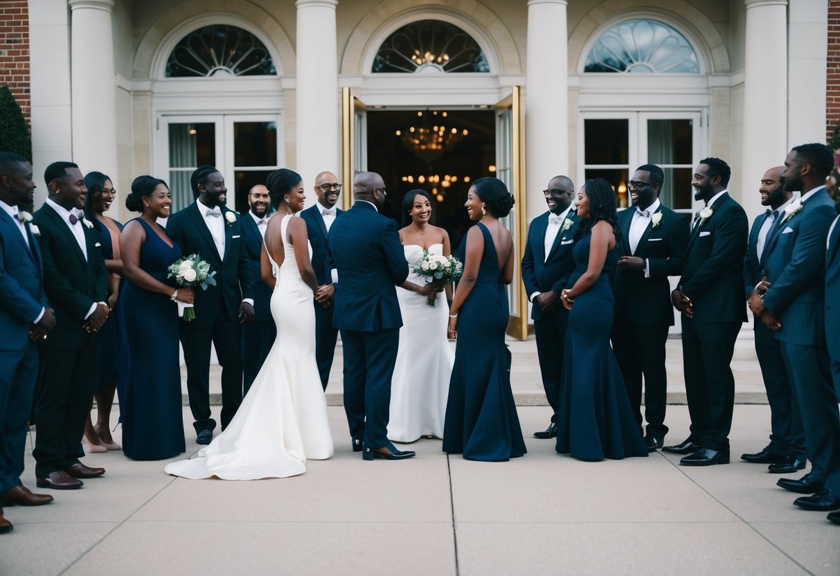 A group of diverse silhouettes gather in front of a grand wedding venue, chatting and laughing as they prepare to enter