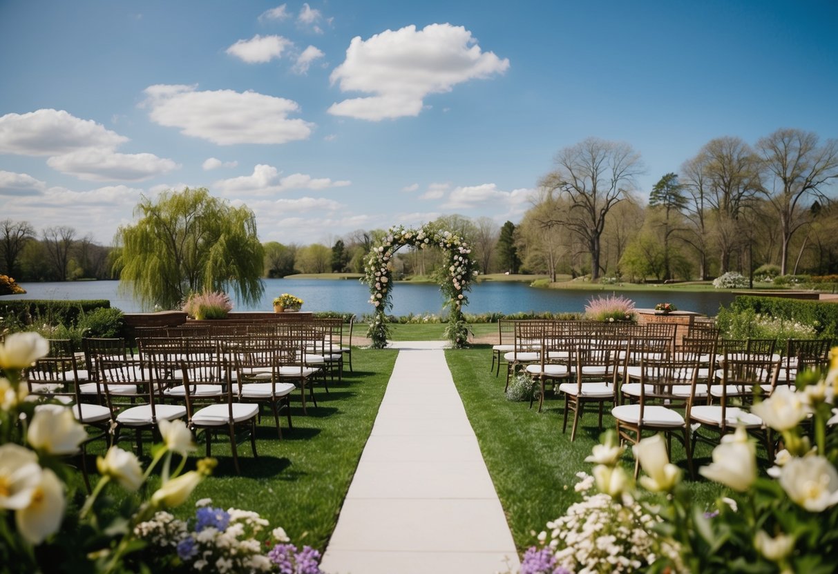 A picturesque outdoor wedding venue with a spacious garden surrounded by blooming flowers and a serene lake in the background