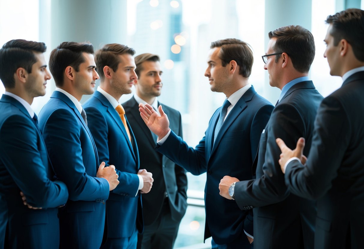 A group of men in suits stand together, one slightly apart. The others face him, gesturing and nodding