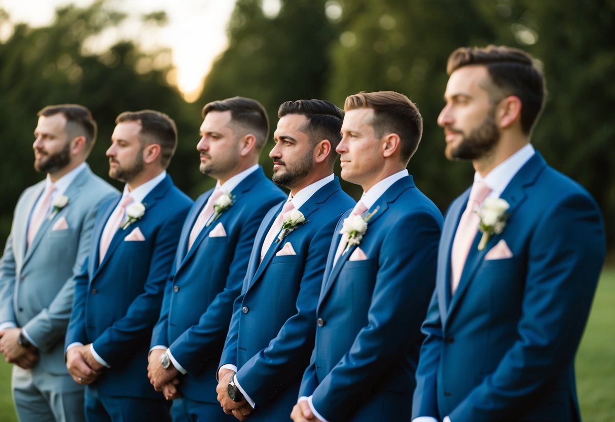 A group of men standing in a line, with one man positioned slightly ahead of the others, indicating a clear distinction between the groomsman and the best man