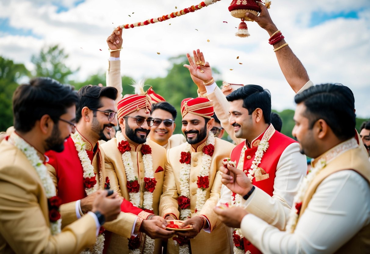 A group of men gather for pre-wedding festivities, preparing and celebrating