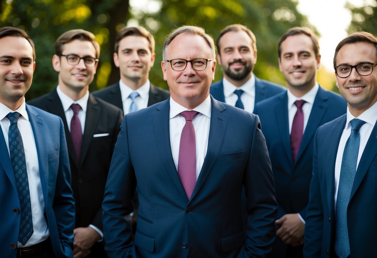 A group of men stand together in formal attire, with one man at the center slightly distinguished from the others