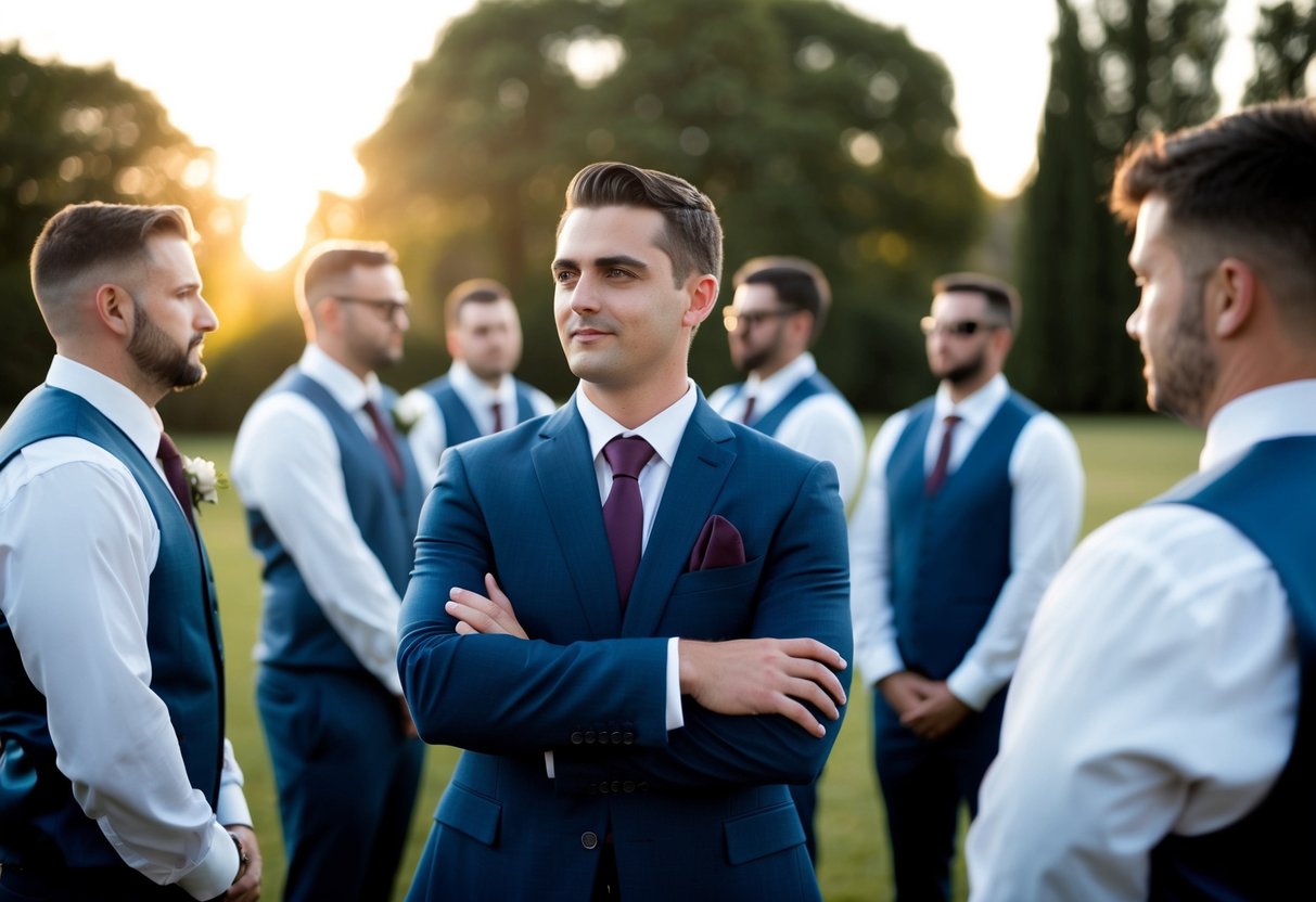 A figure stands apart from a group of groomsmen, arms crossed, looking away