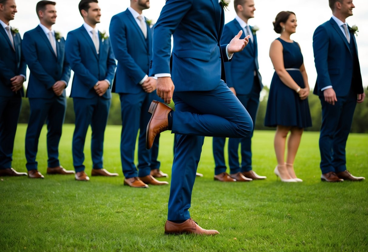 A group of people standing in a line, with one person stepping forward and gesturing to decline being a groomsman