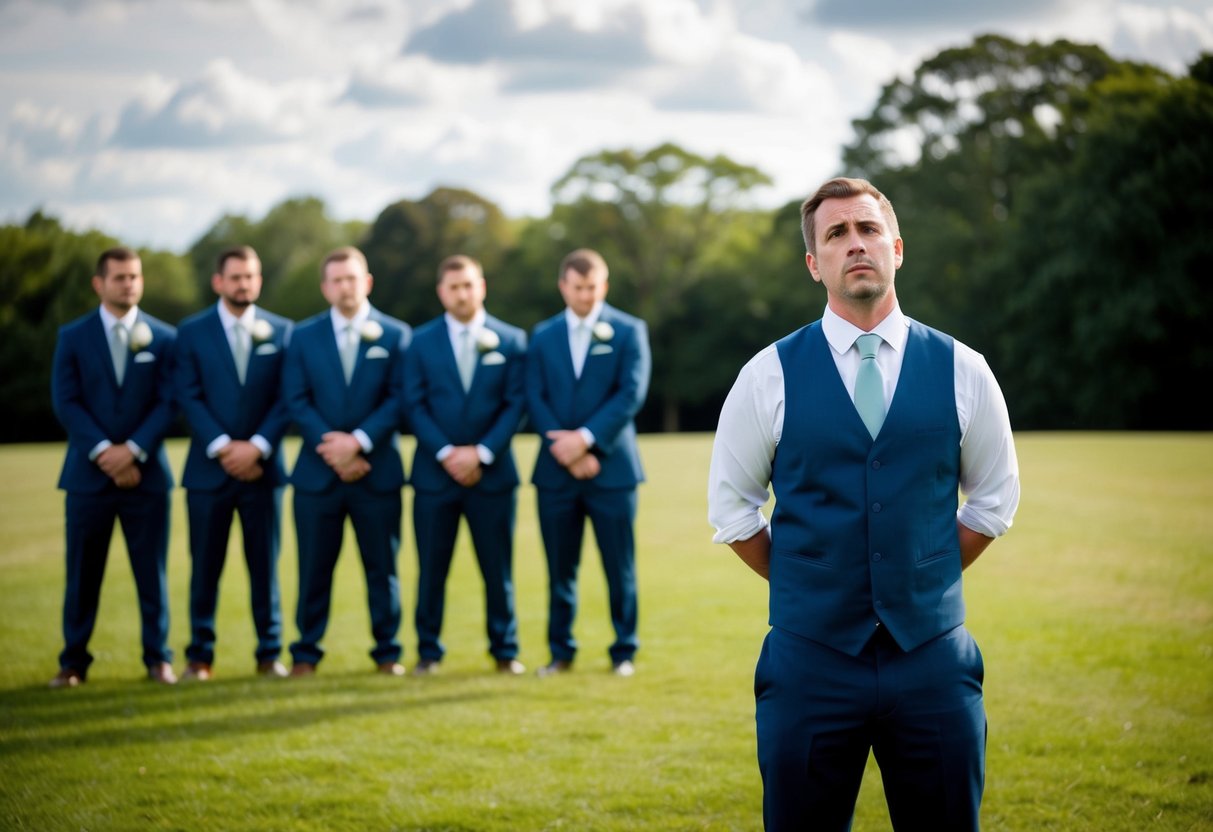 A man standing apart from a group of groomsmen, looking uncertain and hesitant