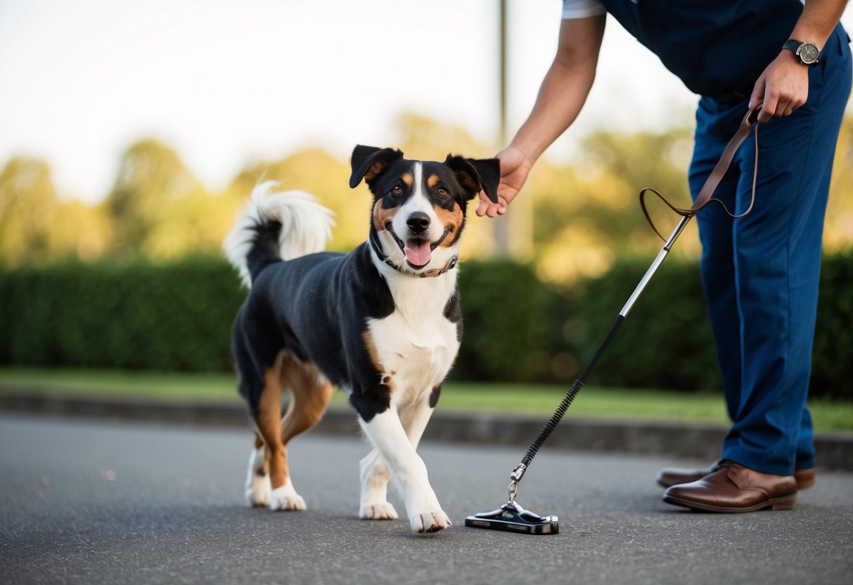 A dog trots alongside the groomsman, tail wagging happily