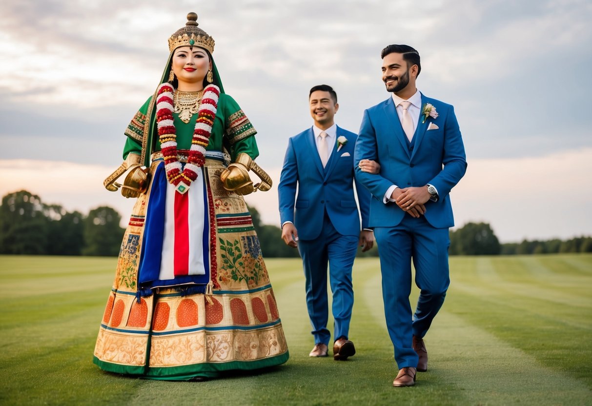 A groomsmen walks alongside a figure adorned with cultural and personal touches, representing their shared heritage