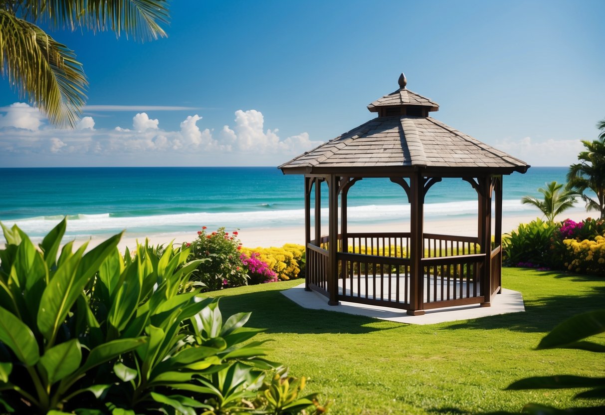 A sunny beach with a gazebo overlooking the ocean, surrounded by lush tropical foliage and colorful flowers