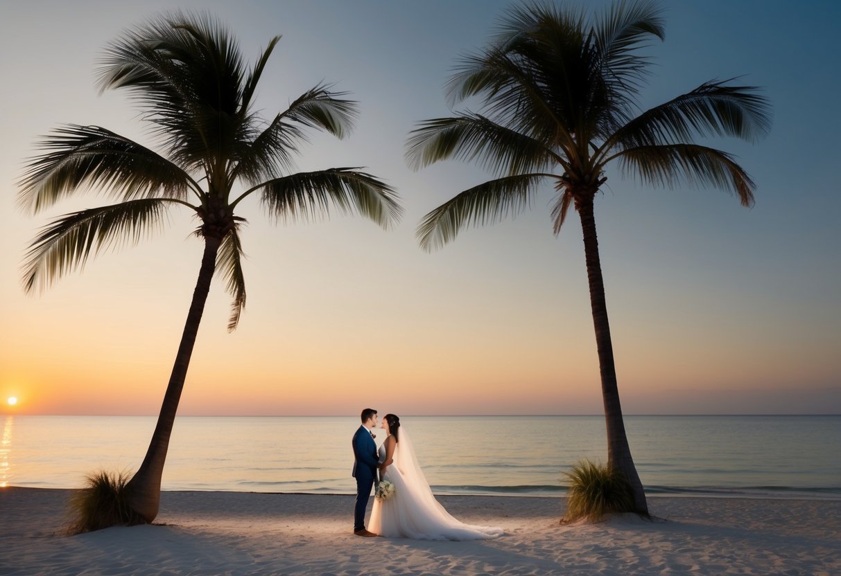 A serene beach at sunset, with palm trees and a calm ocean, sets the ideal scene for a destination wedding
