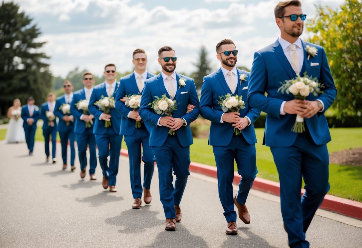Groomsmen walk in line, carrying flowers and wearing matching suits, preparing for the ceremony