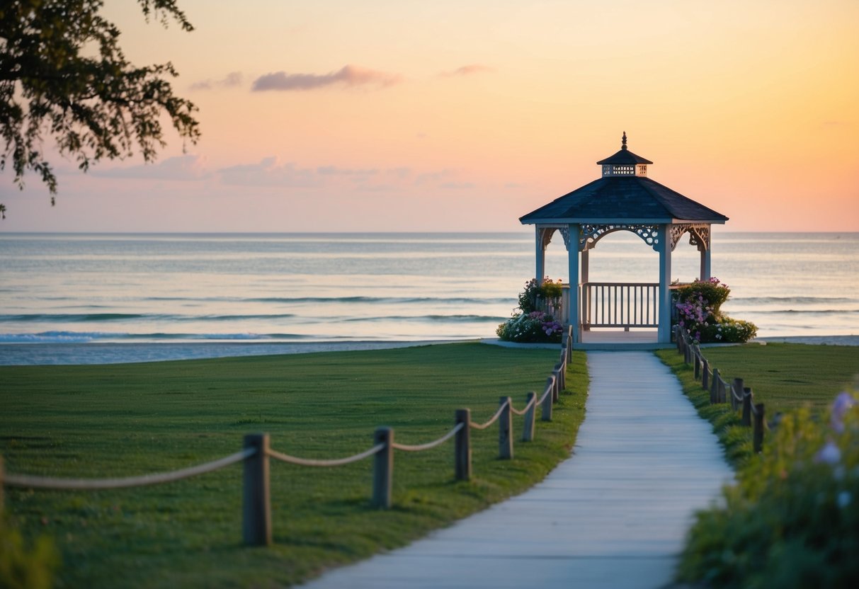 A serene beach at sunset, with a gazebo adorned with flowers and a pathway leading to the ocean