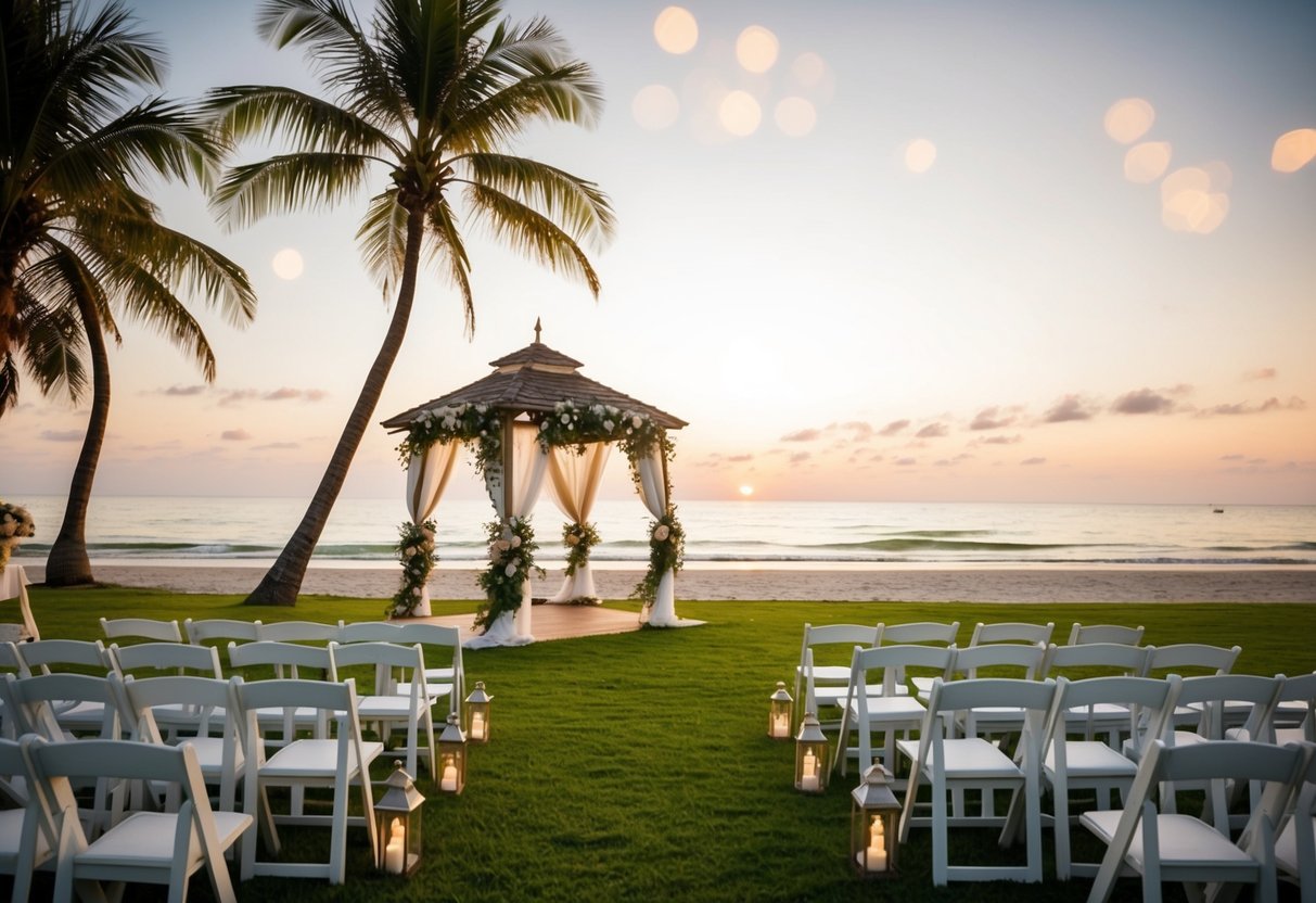 A beach with a sunset, palm trees, and a gazebo decorated for a wedding ceremony