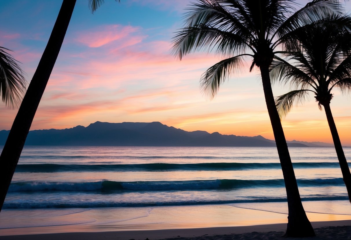 A serene beach at sunset, with a colorful sky and gentle waves, framed by palm trees and a distant mountain range