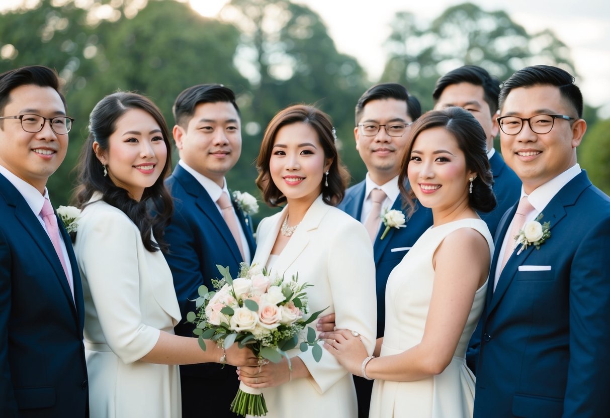 A group of formally dressed individuals standing together, with one woman among them, holding a bouquet and wearing a boutonniere