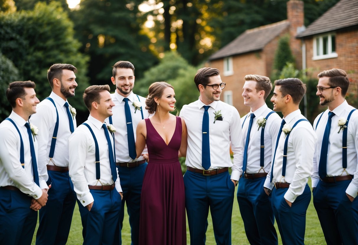 A group of friends gather for a pre-wedding event, including a female groomsman standing among the groomsmen