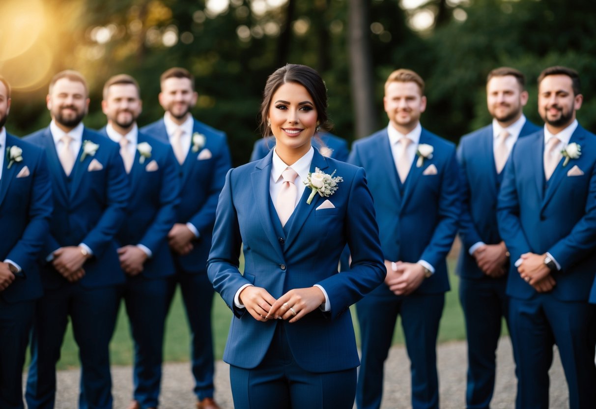 A female groomsman in a tailored suit, standing confidently with a boutonniere on her lapel, surrounded by a group of groomsmen in matching attire