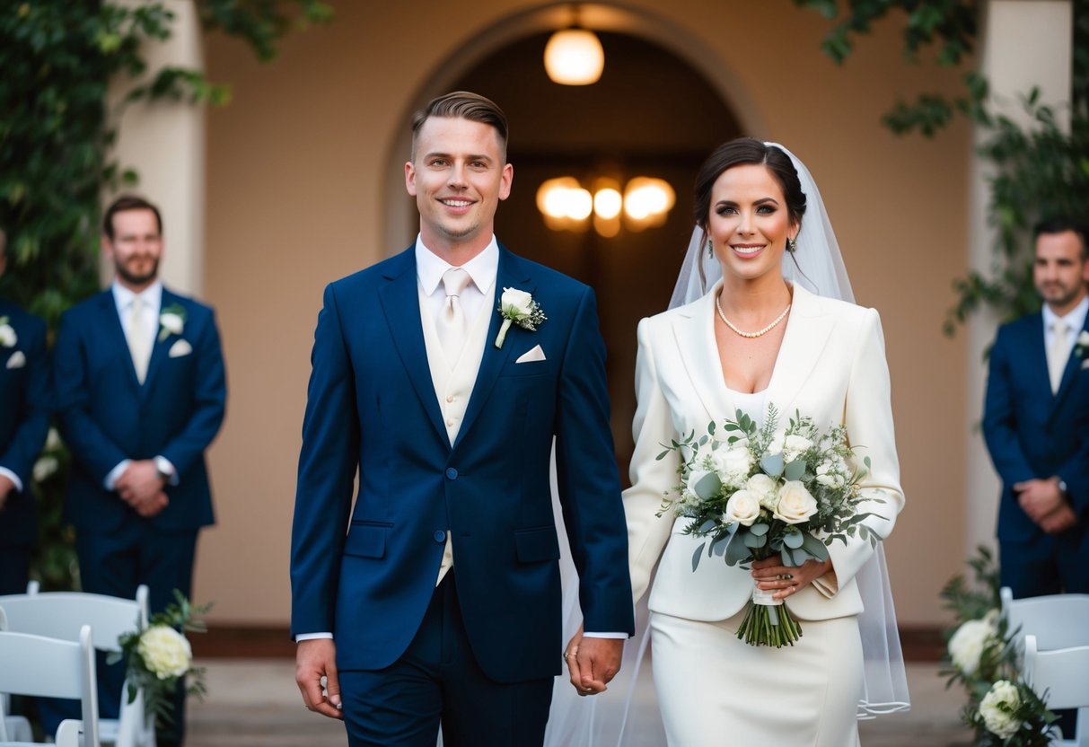 A woman in a formal suit stands beside the groom, holding a bouquet. The wedding ceremony is over, and the newlyweds walk down the aisle