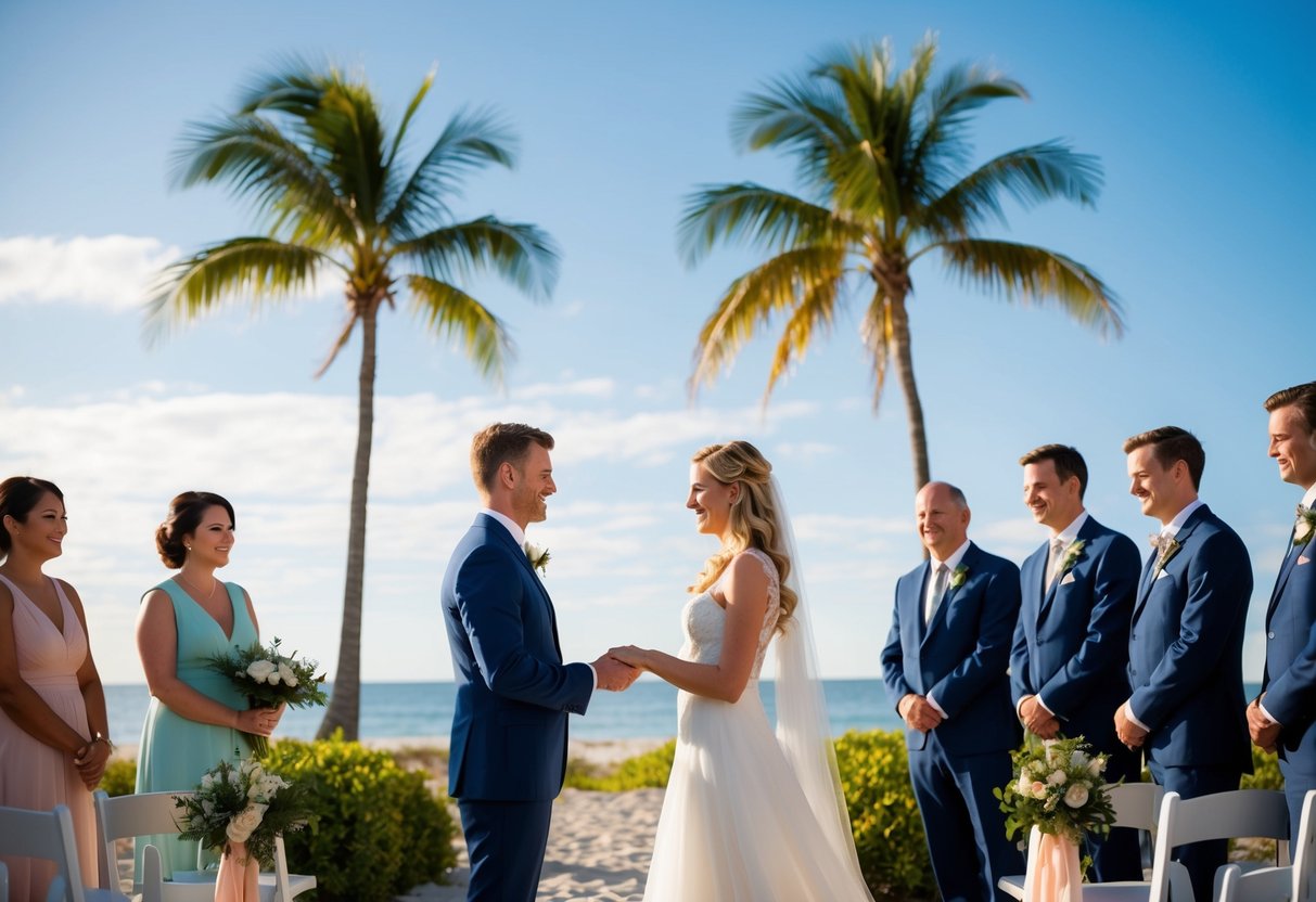 A couple exchanging vows on a scenic beach with palm trees and a clear blue sky, surrounded by family and friends