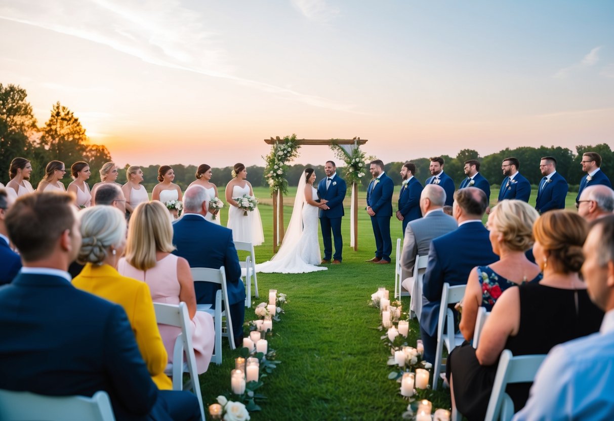 A serene outdoor wedding ceremony on a weekday, with a small gathering of guests and a beautiful sunset in the background
