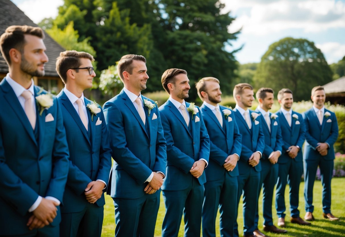 A group of suited figures stand in a line, each holding a bouquet or boutonniere. They are gathered in a picturesque outdoor setting, perhaps at a wedding venue or garden
