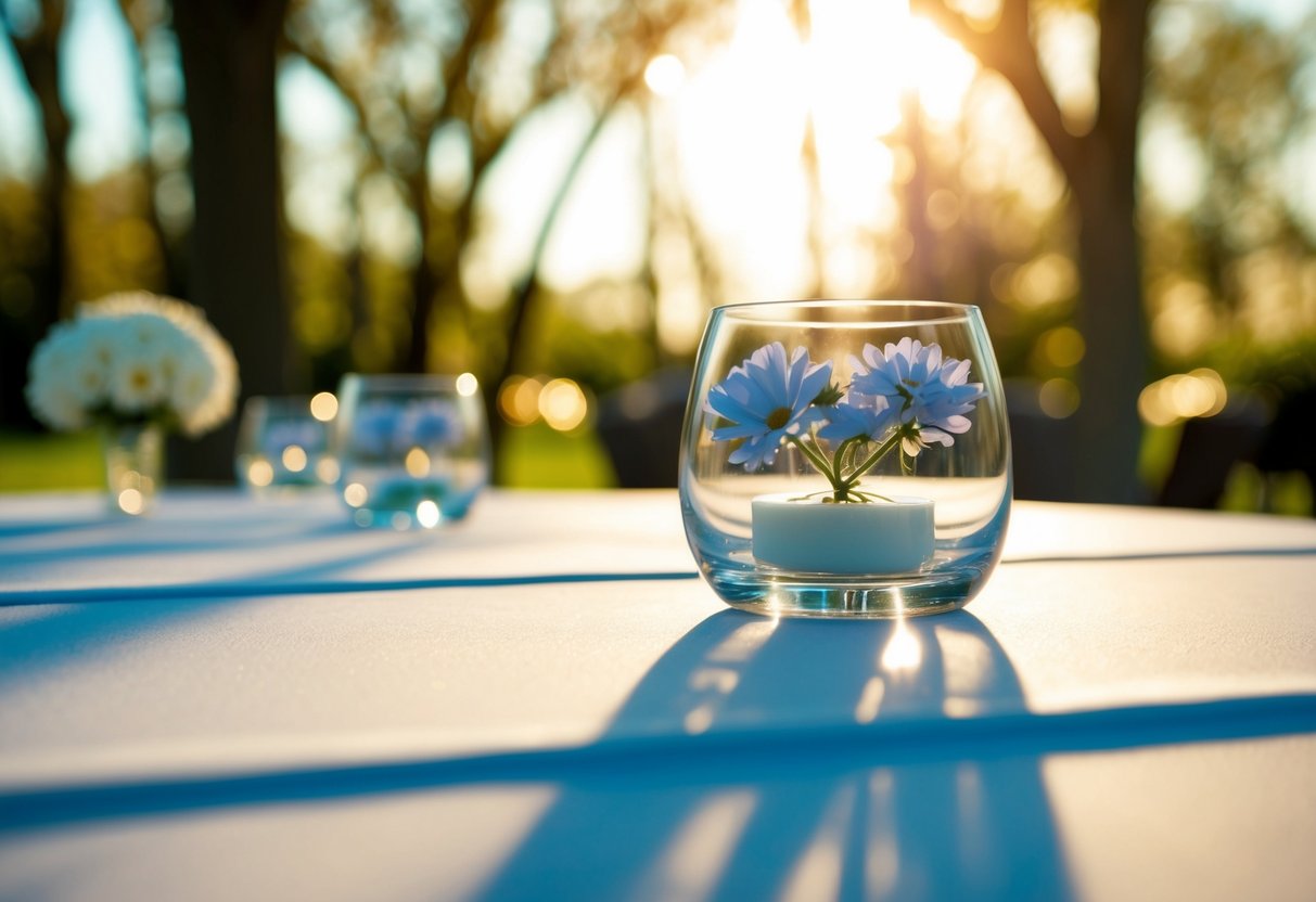 A serene outdoor wedding venue on a weekday, with sunlight filtering through the trees and a peaceful atmosphere