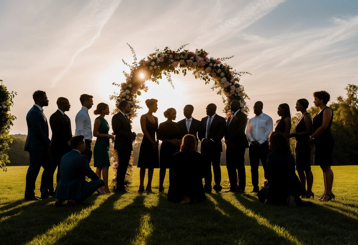 A group of diverse silhouettes gather under a floral arch in a picturesque outdoor setting