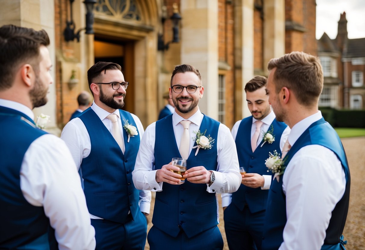 A group of groomsmen in the UK prepare for the wedding, participating in pre-ceremony rituals and activities