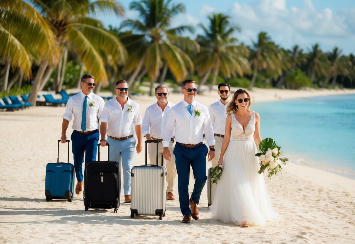 A group of guests arriving at a tropical beach resort for a wedding. Luggage, palm trees, and a sandy beach in the background