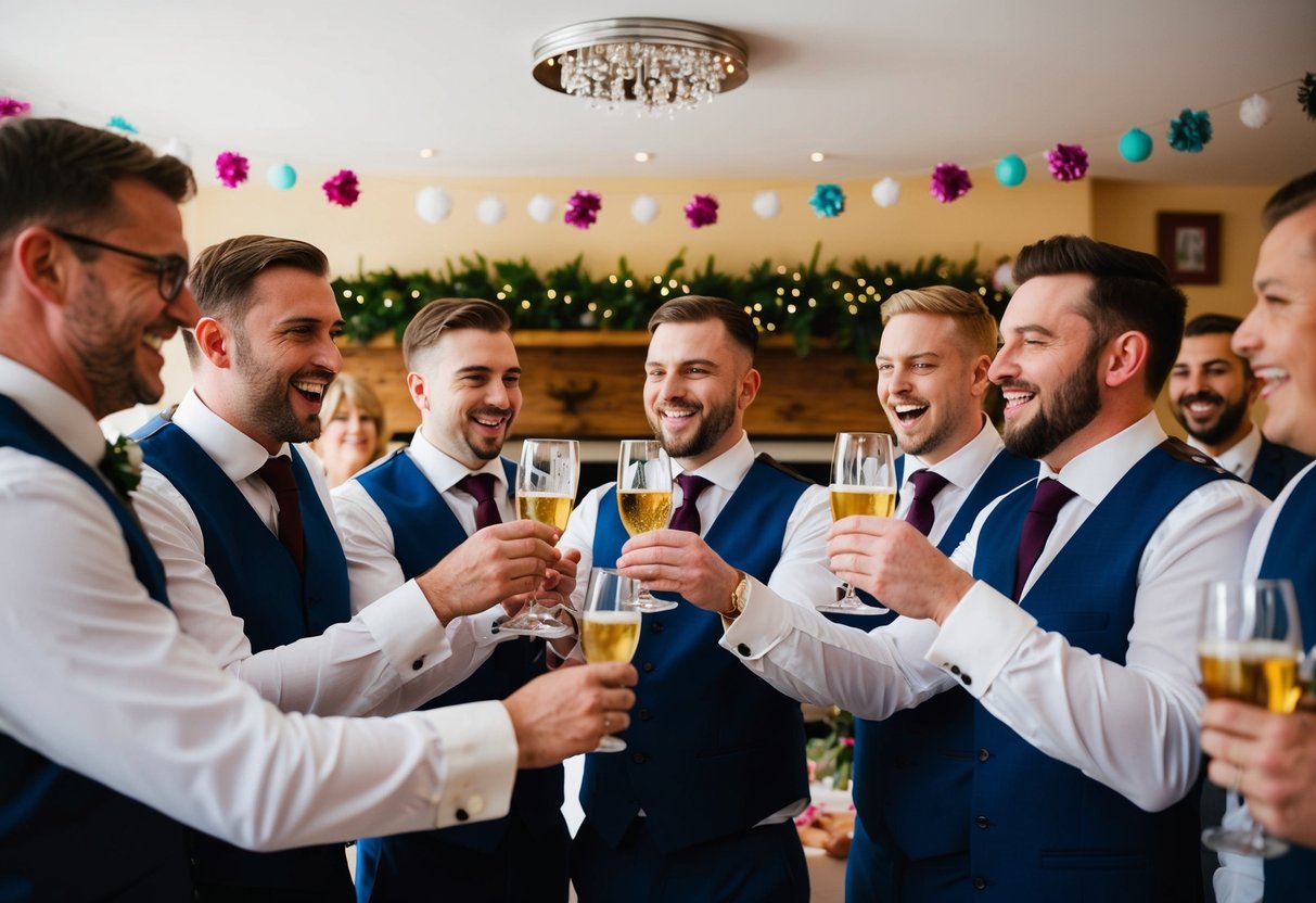 A group of groomsmen in the UK celebrate with traditional toasts and lively music, surrounded by cheerful guests and festive decorations