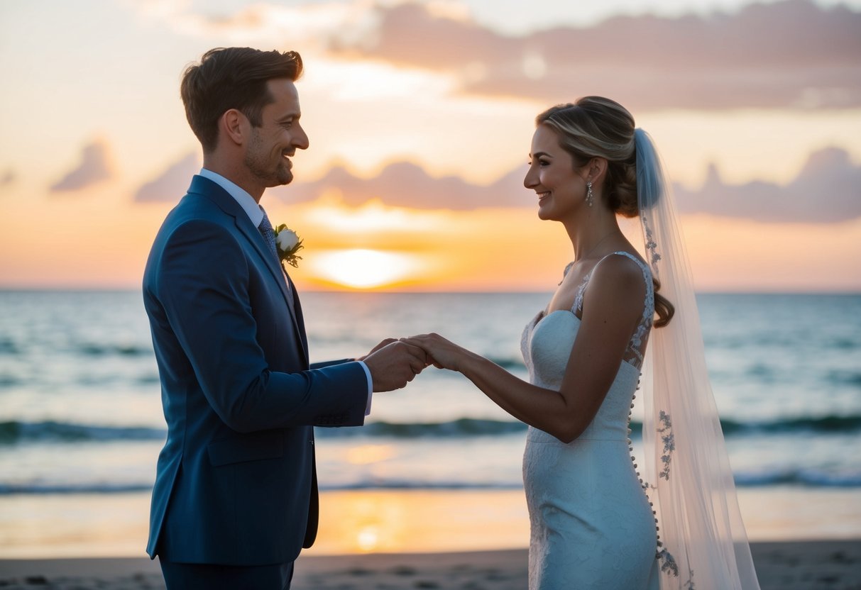 A couple exchanging vows on a secluded beach at sunset
