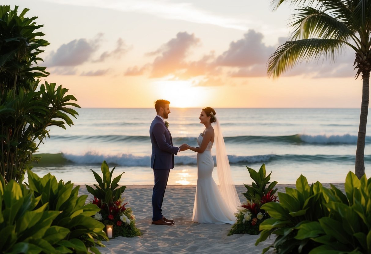 A couple standing on a secluded beach exchanging vows as the sun sets over the ocean, surrounded by lush tropical greenery and the sound of crashing waves