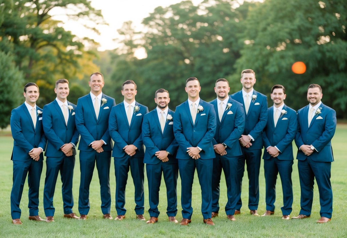 A group of groomsmen standing together, with one slightly apart