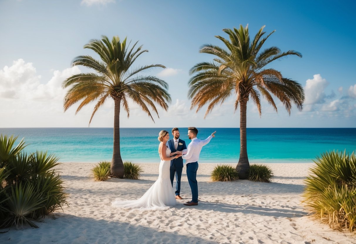 A couple stands on a beach, surrounded by palm trees and a clear blue ocean. A wedding planner points to different locations for the ceremony and reception