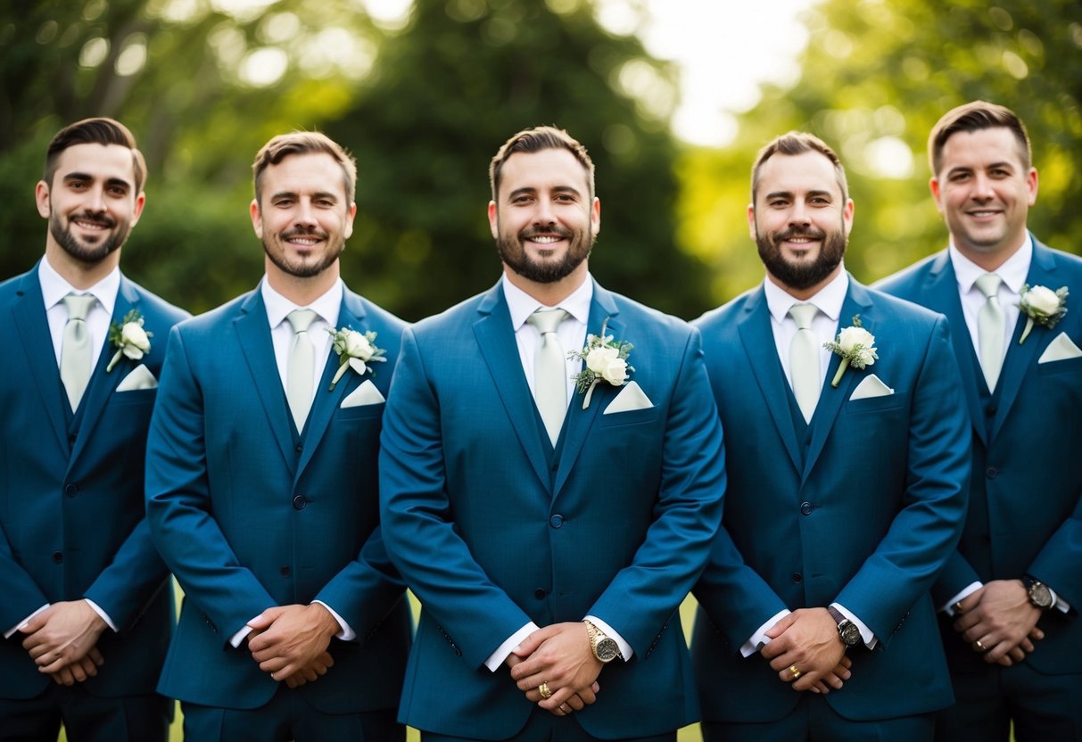 A group of groomsmen standing together, one slightly apart. They are dressed in matching suits, with one holding a bouquet or a ring