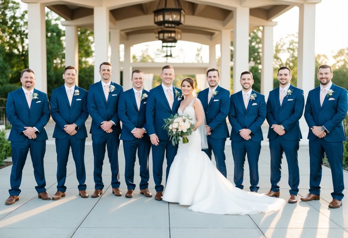 A group of groomsmen stand together, each with a unique boutonniere, while the bride and groom stand in the center of the wedding structure