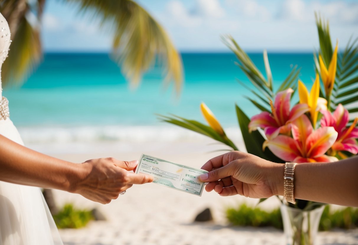A bride hands over payment for a destination wedding venue, with a picturesque beach setting and tropical flowers in the background