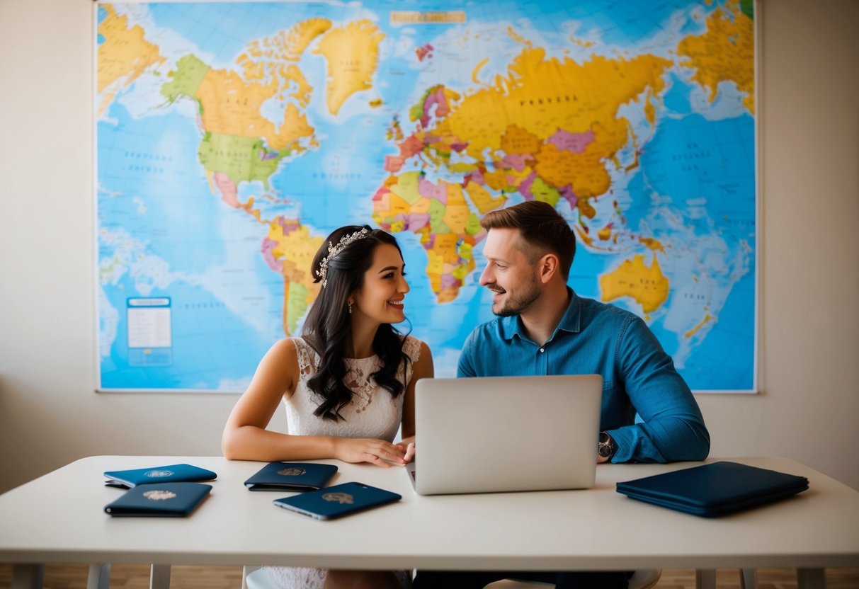 A couple sits at a table with a world map, passports, and a laptop, discussing and planning their dream wedding abroad